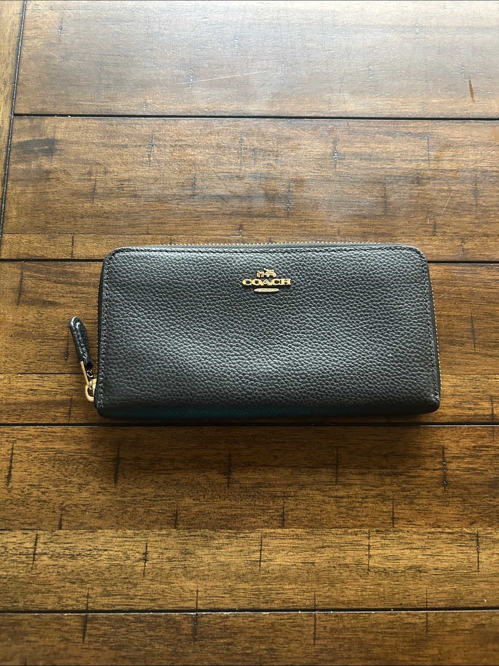 Coach Black Pebbled Leather Zip Wallet with Gold Logo